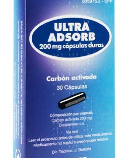 Ultra adsorb 200mg  - Son unas cápsulas a base de carbón adsorbente que actúan a nivel intestinal, con lo que son válidas para tratar aires, diarreas, flatulencias, gases y también para intoxicaciones por medicamentos. 