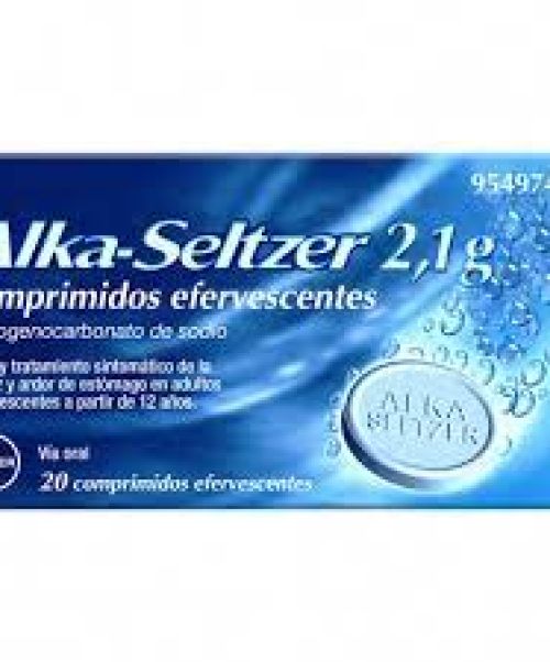 Alka-seltzer - Antiácido a base de bicarbonato de sodio que actúa modificando el pH o acidez del estómago. Alivia patologías como acidez, gastritis, úlcera, dispepsia o reflujo.
