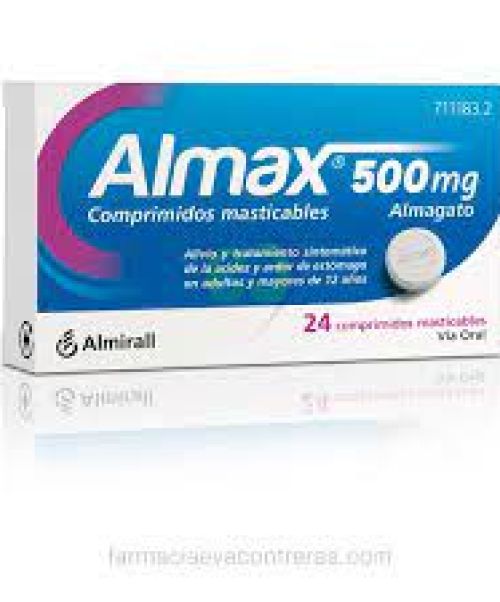 Almax 500 mg - Antiácido a base de sales de aluminio que actúa modificando el pH o acidez del estómago. Alivia patologías como acidez, gastritis, úlcera, dispepsia o reflujo.