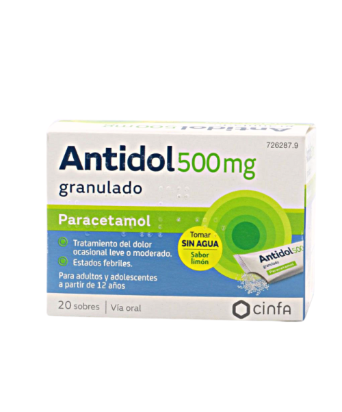 Antidol 500 mg - Paracetamol para tratar los diferentes tipos de dolores, bajar la fiebre y calmar el malestar general. Válidos para el dolor de cabeza, de muelas, de boca en general, de regla, de espalda, golpes...