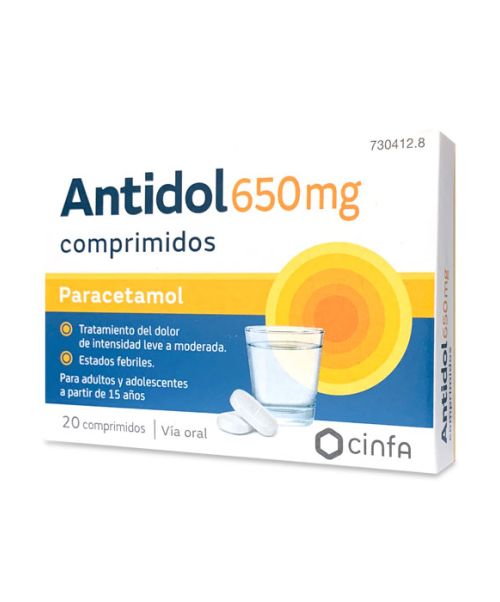 Antidol 650 mg - Paracetamol para tratar los diferentes tipos de dolores, bajar la fiebre y calmar el malestar general. Válidos para el dolor de cabeza, de muelas, de boca en general, de regla, de espalda, golpes...