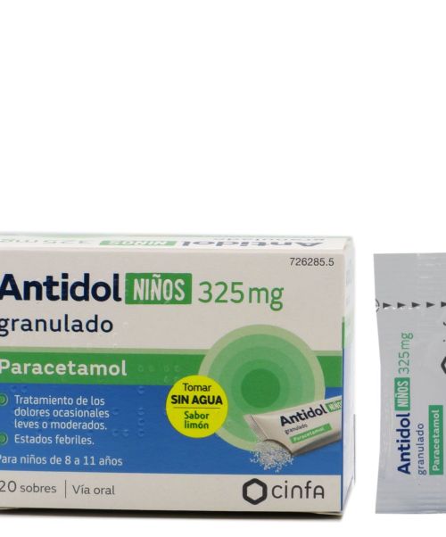Antidol Niños 325 mg - Paracetamol para niños para tratar los diferentes tipos de dolores, bajar la fiebre y calmar el malestar general. Válidos para el dolor de cabeza, de muelas, de boca en general, de regla, de espalda, golpes...