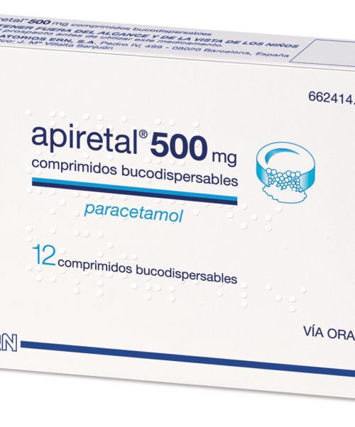 Apiretal 500 mg - Paracetamol para tratar los diferentes tipos de dolores, bajar la fiebre y calmar el malestar general. Válidos para el dolor de cabeza, de muelas, de boca en general, de regla, de espalda, golpes...