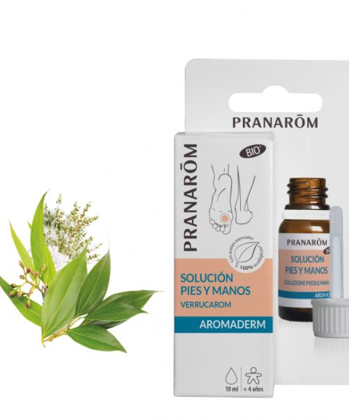 AROMADERM SOLUCIÓN PIES Y MANOS  - Permite alisar y suavizar la piel rugosa. Gracias a los aceites esenciales de Canela de China, Verbena exótica, Árbol del té, Niaulí y Eucalipto mentolado, así como al aceite vegetal de ricino, la piel se purifica.