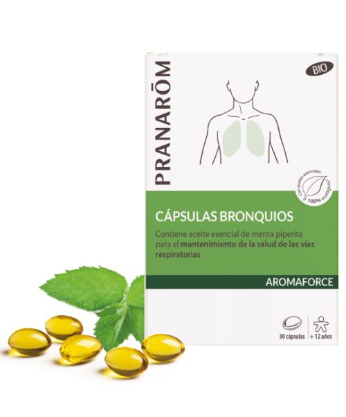 Aromaforce Cápsulas Bronquios - Potente antibacteriano y antiviral. Para gente que suele tener broquitis y flemas que se le acaban infectando, cuando hay infeciones tanto bacterianas como virales, Cualquier patología del triangulo superior (nariz, oido, garganta).  No genera resistencias ni daña la flora intestinal.<br>