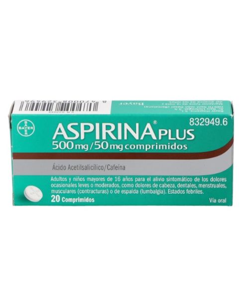 Aspirina plus 500/50mg - Son unos comprimidos para el dolor de cabeza. Válidos para los dolores muculares, articulares, fiebre, gripe y malestar general.