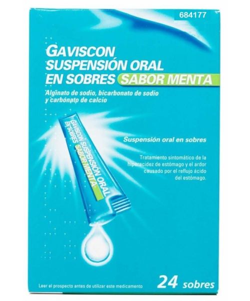 Gaviscon  - Son unos sobres para tragar directamente de sabor a menta para la acidez gástrica o ardor de estómago. Actúan modificando el pH del estómago.