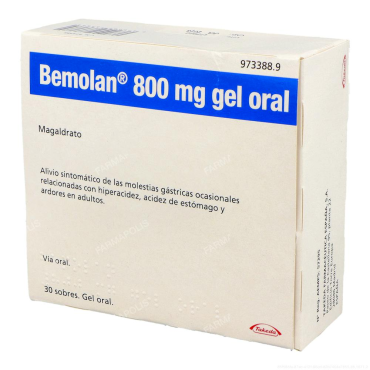  - Bemolan 800mg gel 30 sobres son unos sobres antiácidos para calmar el ardor o acidez de estómago. 