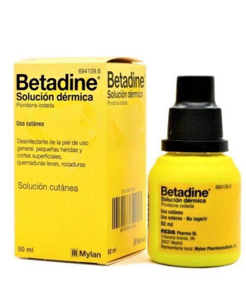 Betadine 100 mg/ml. - Solución que se utiliza para desinfectar pequeñas heridas, cortes superficiales de la piel y quemaduras leves.<br>
