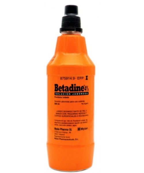 Betadine 4% - Solución jabonosa que se utiliza para desinfectar pequeñas heridas, cortes superficiales de la piel y quemaduras leves.