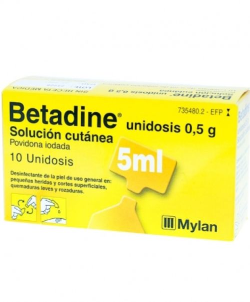 Betadine unidosis 5 ml. - Solución que se utiliza para desinfectar pequeñas heridas, cortes superficiales de la piel y quemaduras leves.