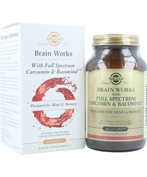 Brain Works con Full Spectrum Cúrcuma y BacoMind - Es un complemento alimenticio diseñado para fortalecer la mente y la memoria y formulado para ayudar a la función cognitiva.