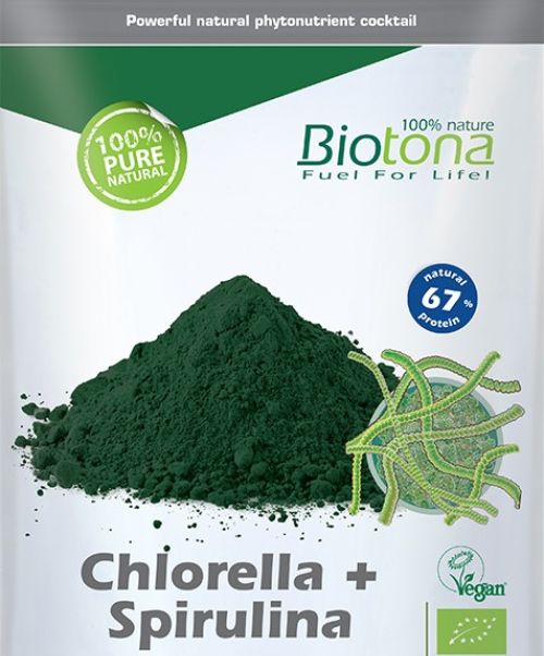 Chlorella + Spirulina - Es un superalimento que aporta gran cantidad de vitaminas, minerales y proteínas que complementan la alimentación. Especialmente recomendado para deportistas.