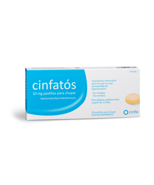 Cinfatos 10 mg - Son unos comprimidos para chupar que calman la tos y el picor de garganta. Válidas para la tos seca, nerviosa e irritativa.