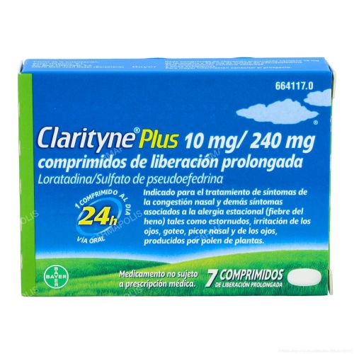 - Clarityne plus 10/240 mg 7 comprimidos de liberación prolongada son unos comprimidos utilizados en la rinitis alérgica y en la congestión nasal.