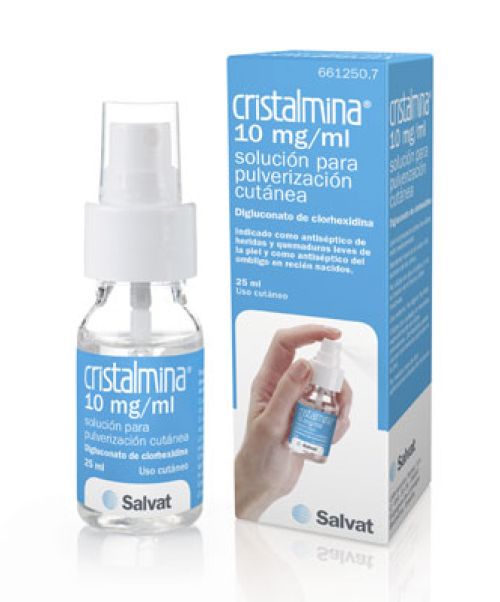 Cristalmina spray - Spray de Clorhexidina indicado en la desinfección de quemaduras leves, pequeñas heridas superficiales y rozaduras.