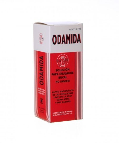 Odamida  - Es un colutorio válido para todos los problemas o infecciones leves de la boca. Valen tanto para las aftas o llagas, halitosis, ronquera o afonía.