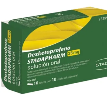 - Dexketoprofeno Stadapharm es un medicamento que contiene el principio activo dexketoprofeno, un fármaco antiinflamatorio no esteroide (AINE) utilizado para aliviar dolor, inflamación y fiebre en casos como el dolor de cabeza, dolor dental, dolor menstrual, dolor de espalda, dolor de huesos y articulaciones, entre otros. 