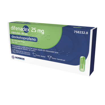  - Difenadex es un medicamento que contiene el principio activo dexketoprofeno, un fármaco antiinflamatorio no esteroide (AINE) utilizado para aliviar dolor, inflamación y fiebre en casos como el dolor de cabeza, dolor dental, dolor menstrual, dolor de espalda, dolor de huesos y articulaciones, entre otros. 
