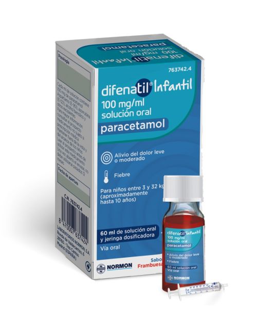 Difenatil infantil 100mg/ml 60ml - Paracetamol para niños para tratar los diferentes tipos de dolores, bajar la fiebre y calmar el malestar general. Válidos para el dolor de cabeza, de muelas, de boca en general, de regla, de espalda, golpes...