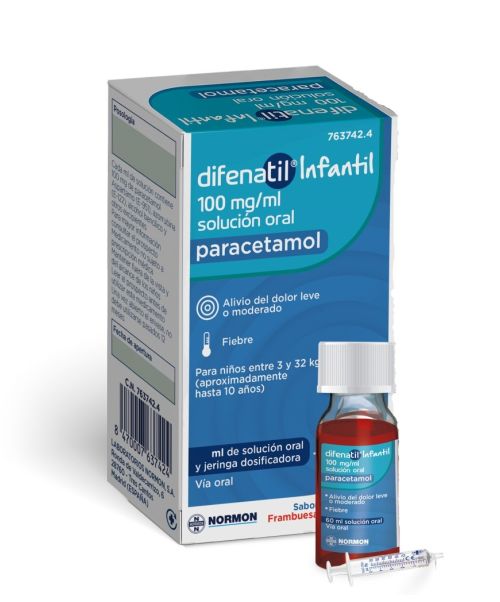 Difenatil infantil 100mg/ml 90ml - Paracetamol para niños para tratar los diferentes tipos de dolores, bajar la fiebre y calmar el malestar general. Válidos para el dolor de cabeza, de muelas, de boca en general, de regla, de espalda, golpes...