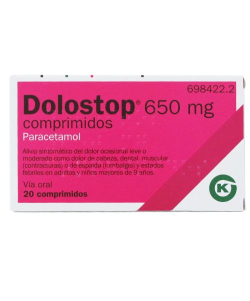 Dolostop 650 mg - Paracetamol para tratar los diferentes tipos de dolores, bajar la fiebre y calmar el malestar general. Válidos para el dolor de cabeza, de muelas, de boca en general, de regla, de espalda, golpes...