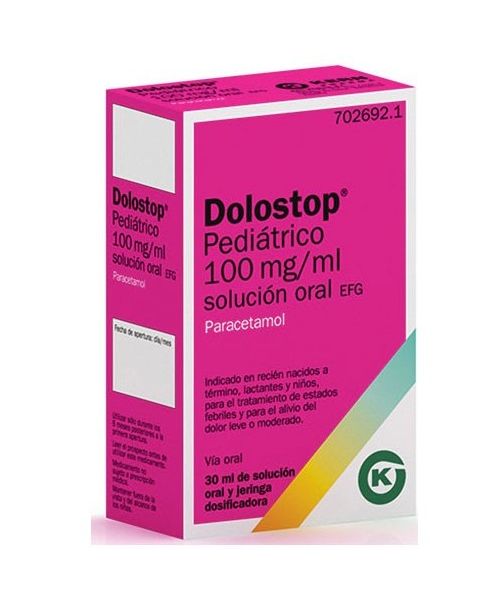 Dolostop pediátrico 100mg/ml 30ml - Paracetamol para niños para tratar los diferentes tipos de dolores, bajar la fiebre y calmar el malestar general. Válidos para el dolor de cabeza, de muelas, de boca en general, de regla, de espalda, golpes...