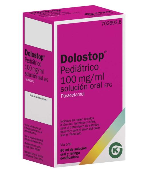 Dolostop pediátrico 100mg/ml 60ml - Paracetamol para niños para tratar los diferentes tipos de dolores, bajar la fiebre y calmar el malestar general. Válidos para el dolor de cabeza, de muelas, de boca en general, de regla, de espalda, golpes...