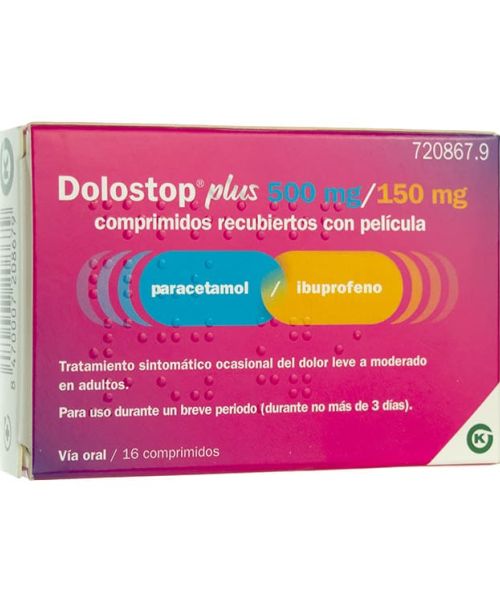 Dolostop Plus 500/150 mg - Paracetamol e ibuprofeno para tratar los diferentes tipos de dolores, bajar la fiebre y calmar el malestar general. Válidos para el dolor de cabeza, de muelas, de boca en general, de regla, de espalda, golpes...