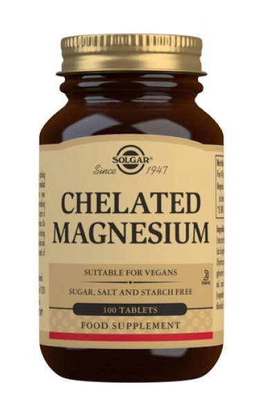 Magnesio Quelado de Soltar Bote de Magnesio quemado de Solgar para mejorar la función muscular.