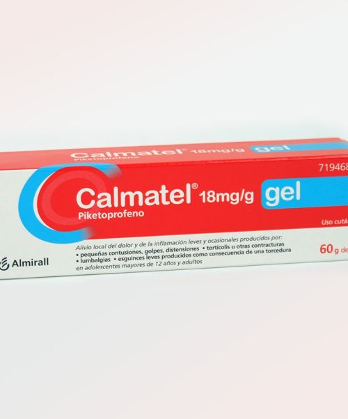 Calmatel 18mg/g - Es un gel antiinflamatoria que alivia el dolor articular y muscular. Está compuesta por piketoprofeno que es un antiinflamatorio de acción local, indicada en esguinces, golpes, torceduras y lesiones musculares.