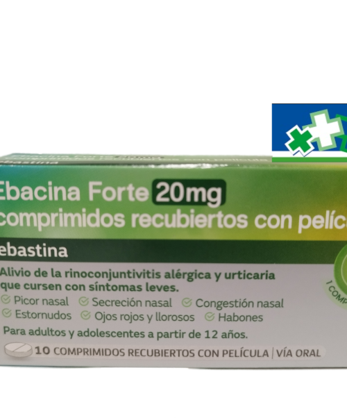 Ebacina forte 20 mg - Alivia los síntomas nasales y oculares asociados a la rinitis alérgica estacional, lagrimeo, moqueo, congestión y estornudos...