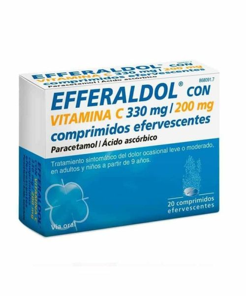 Efferaldol con Vitamina C 330 mg/200 mg - Paracetamol y vitamina C para tratar los diferentes tipos de dolores, bajar la fiebre y calmar el malestar general. Válidos para el dolor de cabeza, de muelas, de boca en general, de regla, de espalda, golpes...