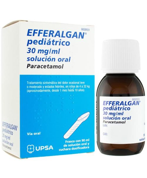 Efferalgan pediátrico 30mg/ml jarabe 90ml - Paracetamol para niños para tratar los diferentes tipos de dolores, bajar la fiebre y calmar el malestar general. Válidos para el dolor de cabeza, de muelas, de boca en general, de regla, de espalda, golpes...