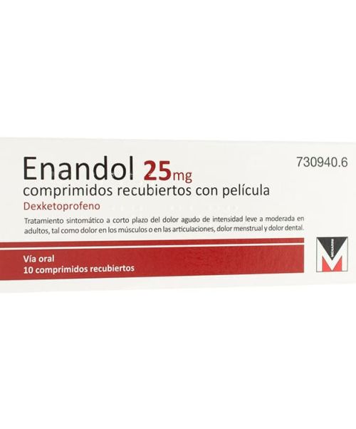 Enandol 25mg  - Enandol es un medicamento que contiene el principio activo dexketoprofeno, un fármaco antiinflamatorio no esteroide (AINE) utilizado para aliviar dolor, inflamación y fiebre en casos como el dolor de cabeza, dolor dental, dolor menstrual, dolor de espalda, dolor de huesos y articulaciones, entre otros. 