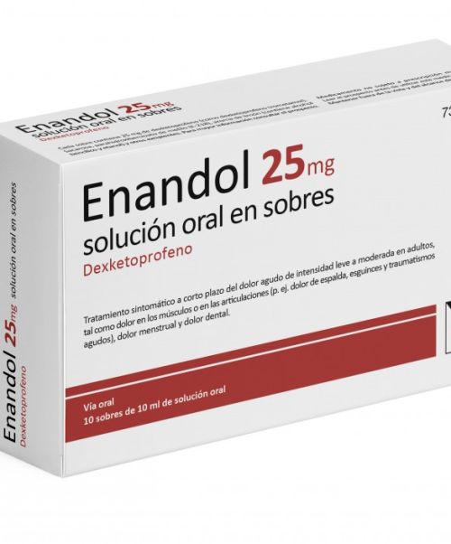 Enandol 25mg  - Enandol es un medicamento que contiene el principio activo dexketoprofeno, un fármaco antiinflamatorio no esteroide (AINE) utilizado para aliviar dolor, inflamación y fiebre en casos como el dolor de cabeza, dolor dental, dolor menstrual, dolor de espalda, dolor de huesos y articulaciones, entre otros. 