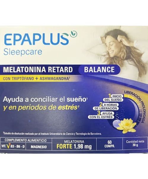 Epaplus Sleepcare Balance - Es un complemento alimenticio a base de Melatonina, triptófano, ashwagandha, vitaminas y minerales. Para el estrés del día y sueño de noche. 