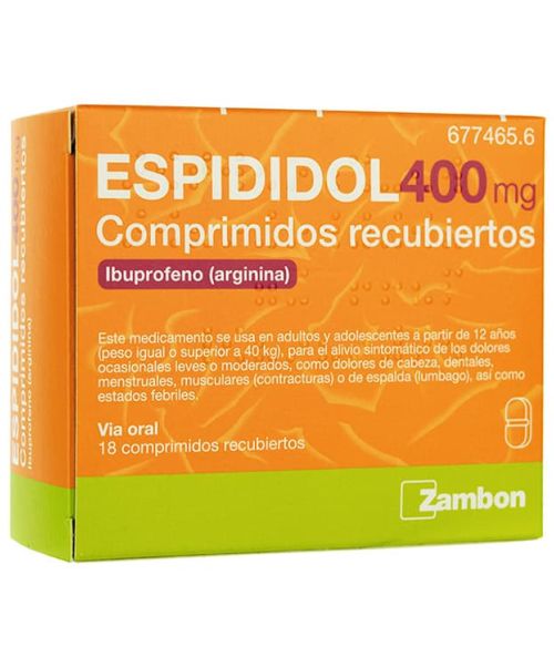Espididol 400mg - Antiinflamatorio vía oral . Se usan para el dolor de garganta (anginas), dolor de cabeza, fiebre, dolores musculares y menstruales.