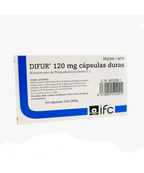 Difur 120mg - Son unas cápsulas para tratar la dermatitis de la piel que cursa con inflamación leve o moderada de la zona.