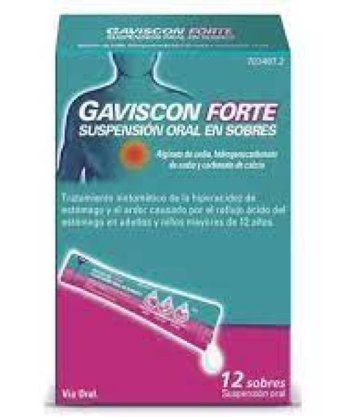 Gaviscon forte - Son unos sobres de suspensión oral que se toman directamente y que actúan modificando el pH del estómago para tratar la acidez gástrica o ardor de estómago. 