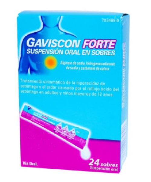 Gaviscon forte - Son unos sobres de suspensión oral que se toman directamente y que actúan modificando el pH del estómago para tratar la acidez gástrica o ardor de estómago. 