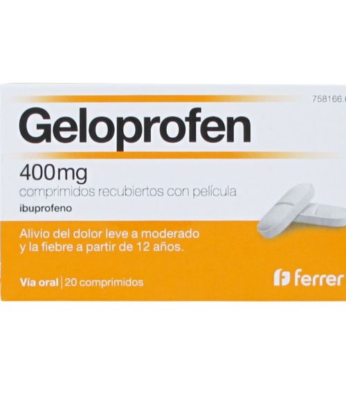 Geloprofen 400mg - Antiinflamatorio vía oral (ibuprofeno). Se usan para el dolor de garganta (anginas), dolor de cabeza, fiebre, dolores musculares y menstruales.