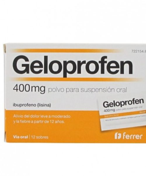 Geloprofen rapid 400 mg - Antiinflamatorio vía oral (ibuprofeno con lisina) . Se usan para el dolor de garganta (anginas), dolor de cabeza, fiebre, dolores musculares y menstruales.