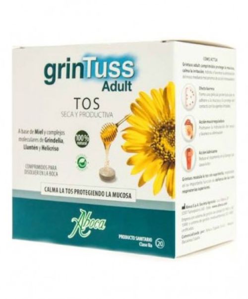 Grintuss Adultos comprimidos - Calma la tos y el picor de garganta. Es un producto a base de miel y complejos moleculares útil en caso de tos seca o productiva y actúa calmando la irritación, protegiendo la mucosa y favoreciendo la eliminación de la mucosidad. 