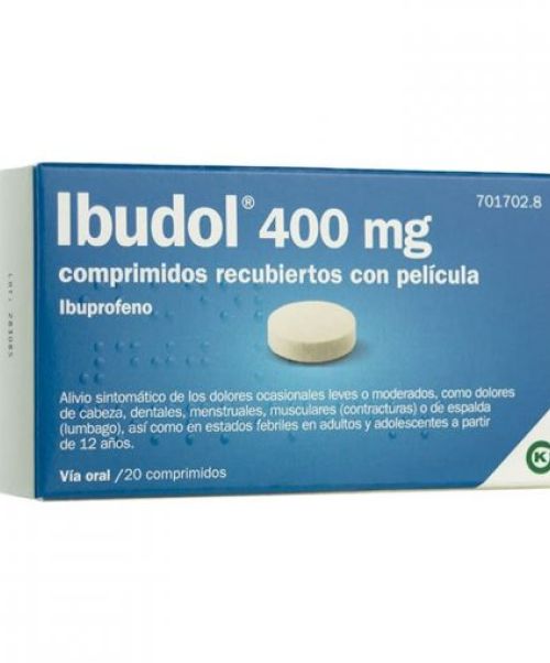 Ibudol 400 mg - Antiinflamatorio vía oral (ibuprofeno) . Se usan para el dolor de garganta (anginas), dolor de cabeza, fiebre, dolores musculares y menstruales.