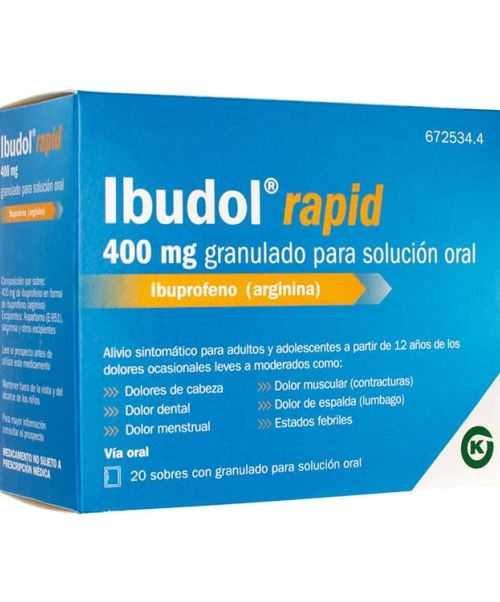 Ibudol rapid 400mg - Antiinflamatorio vía oral . Se usan para el dolor de garganta (anginas), dolor de cabeza, dolores musculares y menstruales.