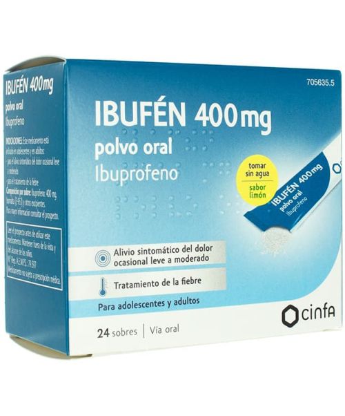 Ibufen 400 mg - Antiinflamatorio vía oral (ibuprofeno) . Se usan para el dolor de garganta (anginas), dolor de cabeza, fiebre, dolores musculares y menstruales.
