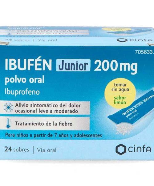 Ibufen junior 200 mg - Antiinflamatorio vía oral (ibuprofeno) . Se usan para el dolor de garganta (anginas), dolor de cabeza, fiebre, dolores musculares y menstruales.