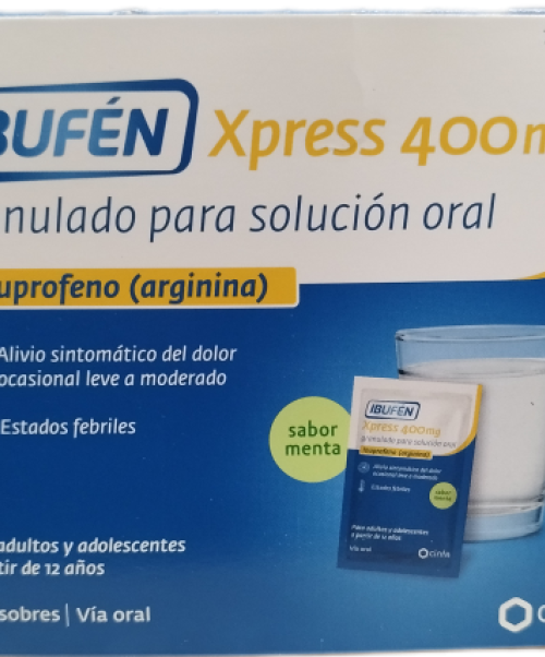 Ibufen Xpress 400mg - Antiinflamatorio vía oral. Se usan para el dolor de garganta (anginas), dolor de cabeza, dolores musculares y menstruales.