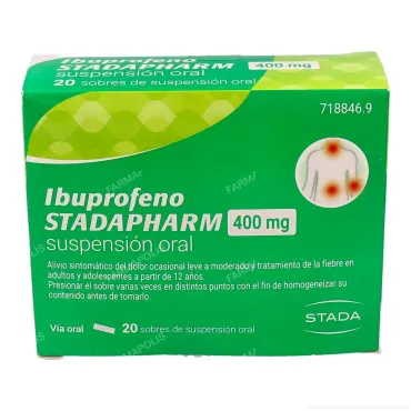  - Ibuprofeno en sobres. Son tanto antiinflamatorios como antipiréticas por lo que pueden usarse como antiinflamatorias para diferentes dolores, como para bajar la fiebre.